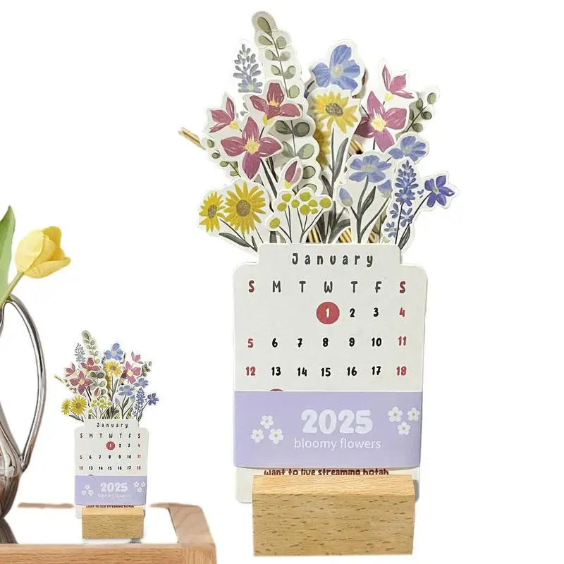 Bloomy Flower Desk Calendar with Wooden Base