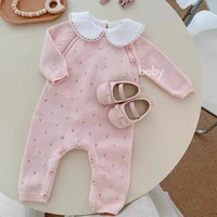 0-24M Baby Girls Knitted Jumpsuit Knitted Hollow Clothes Pink Princess Fashion Round Neck Button Casual Baby Girls Jumpsuit