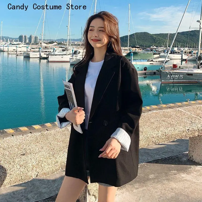 Simple Outwear Classic Cozy Tunic Soft Blazers Women Loose College Solid Double-Breasted Pockets Sweet Spring Thin Daily Korean