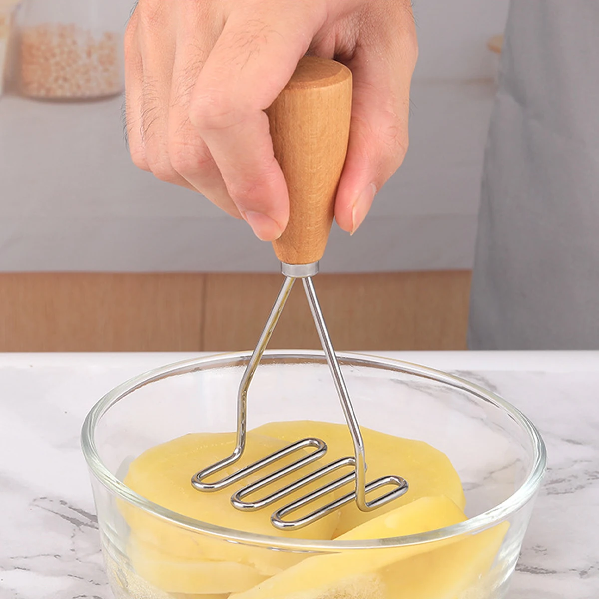 Schiacciapatate Manuale Con Manico In Legno – Attrezzo Da Cucina Per Purè, Multifunzione, 20 Cm