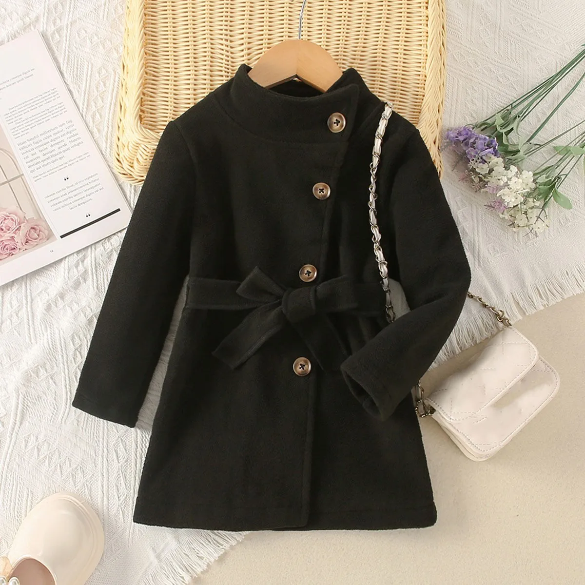 

2023 Winter New Girls Dress Long Sleeve O Neck Button Sashes Black Cute Designer Girls Princess Dress Vestido 12M-5T