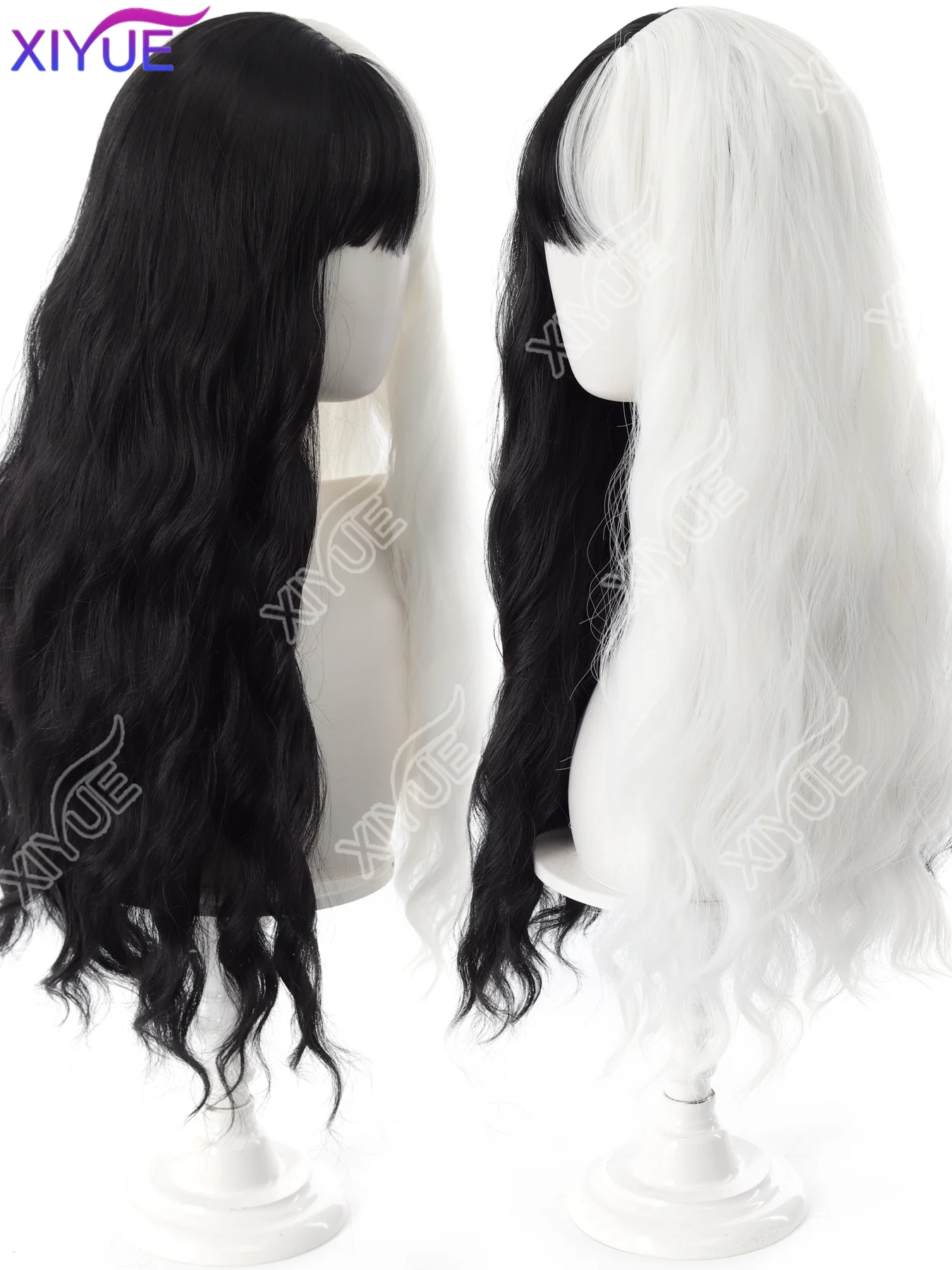 XIYUE Cosplay Halloween Party Wigs Black White With Bangs long curly hair Hair for Women Heat-Resistant Synthetic Wig
