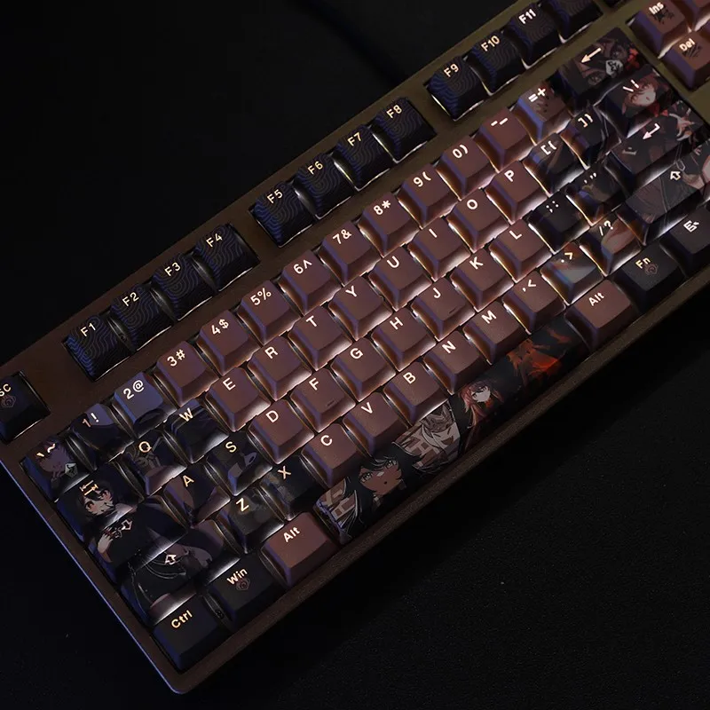 Genshin Impacto hu Tao Desenhos Animados Anime Gaming Key Caps Perfil Oem Keycaps Backlit Chocolate Pbt Dye Subbed Keycaps 108 Chaves por Conjunto - Imagem 4