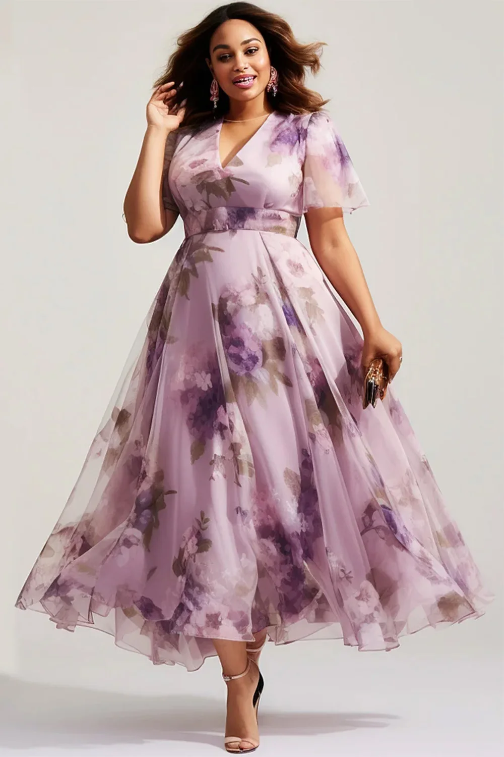 

Plus Size Wedding Guest Purple Organza Floral Print Empire Waist Tunic Maxi Dress Short Sleeve V-Neck Elegant Casual Long Sress