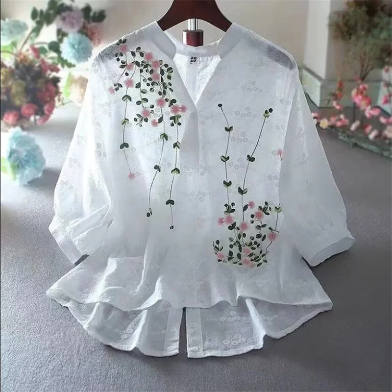 

New Women's Shirt Embroidered Women's Shirt V-neck Half Sleeve Lace Shirt Summer Loose Fashion Thin Top Women's Shirt Cotton