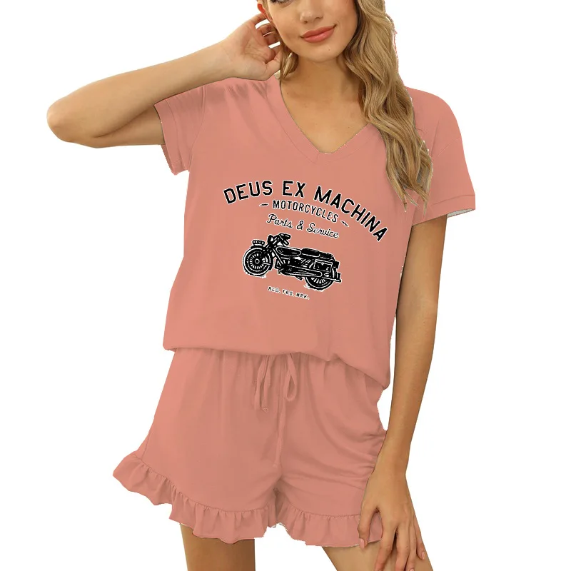 

2023 Summer Women Outfit Two Pieces Set Short Sleeve V Neck Printing T-shirt Shorts Casual Sports Homewear Suit