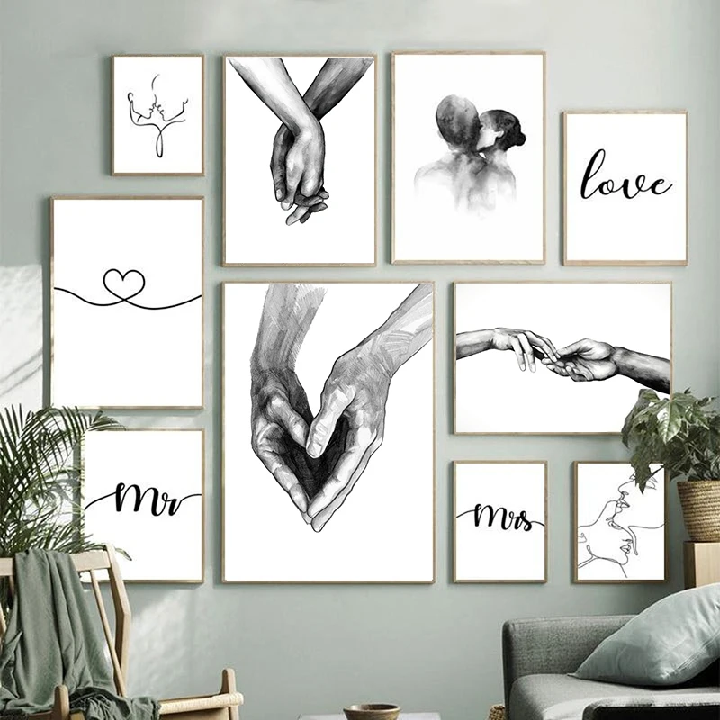 

Nordic Black and White Hand In Hand Love Line Art Wall Posters and Prints Canvas Painting Art Picture for Couple's Bedroom Decor