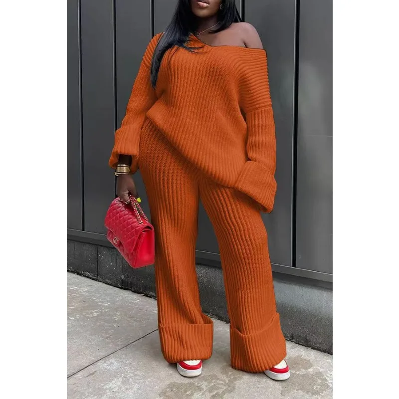 Casual Knitted Two Piece Sets Womens Outfits Solid Long Sleeves Loose Sweater Suit Winter Straight Pants Sets Female Clothing