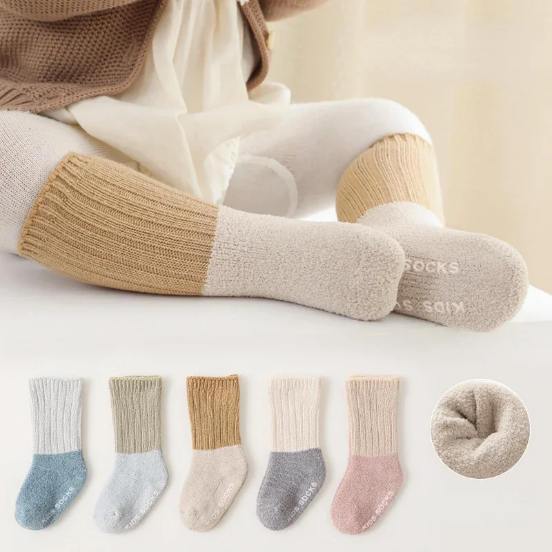 

Autumn Winter Baby Socks Thickened Coral Fleece Newbron Baby Middle Tube Stockings Newborn Anti-skid Floor Socks Tights