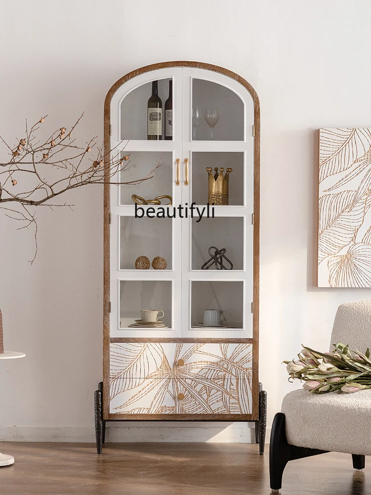 

American Wine Cabinet Display Cabinet Solid Wood Carved Vintage Wall Locker Living Room Bookcase Glass