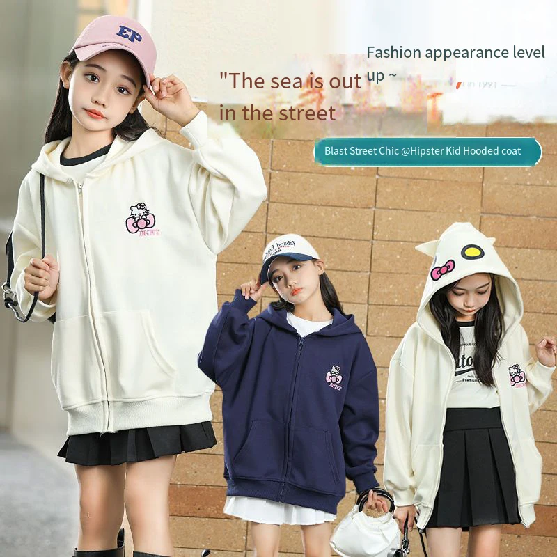 

Kawaii Sanrio Детское пальто Hello Kitty мультфильм весна-осень сезон с длинным рукавом капюшоном бархатное пальто на молнии повседневное удобное