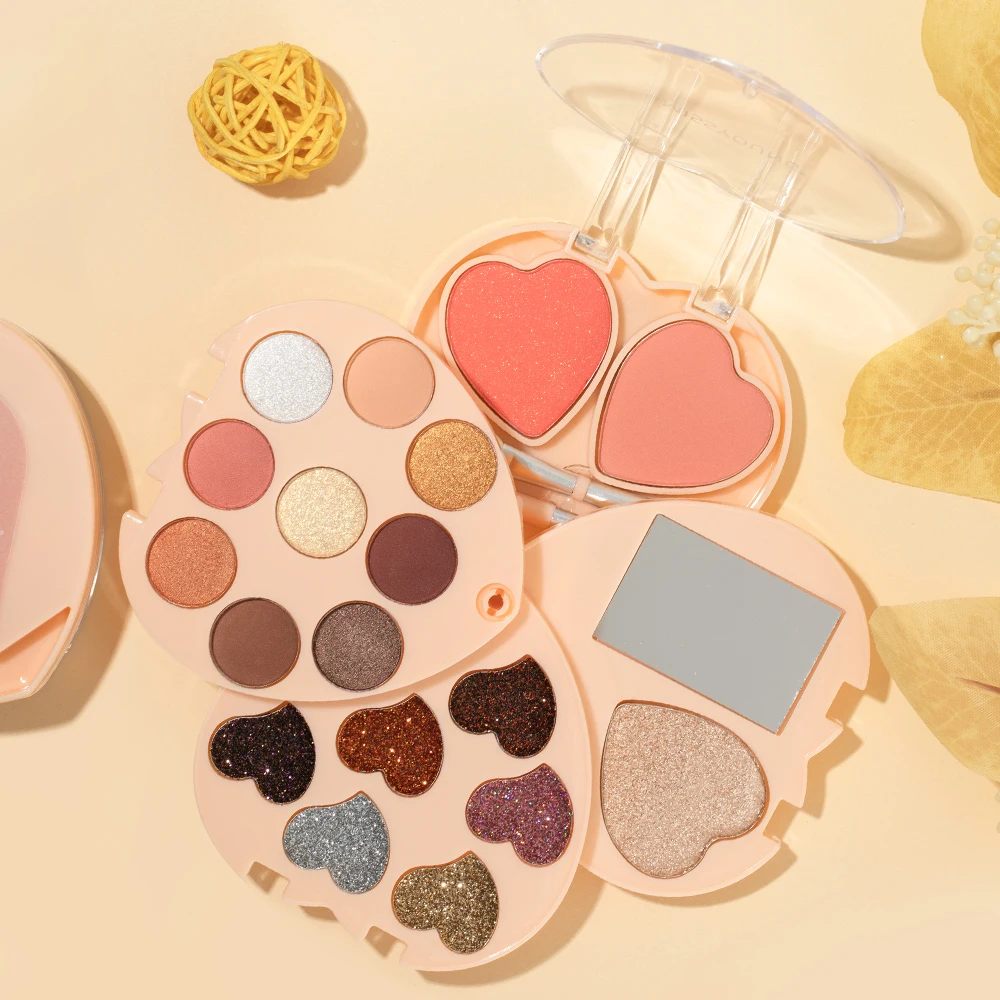 Heart Shaped Brown Eyeshadow Palette Set Matte Pearly Glitter Blush Highlighter With Brush Mirror Perfect Gift For Girls 3