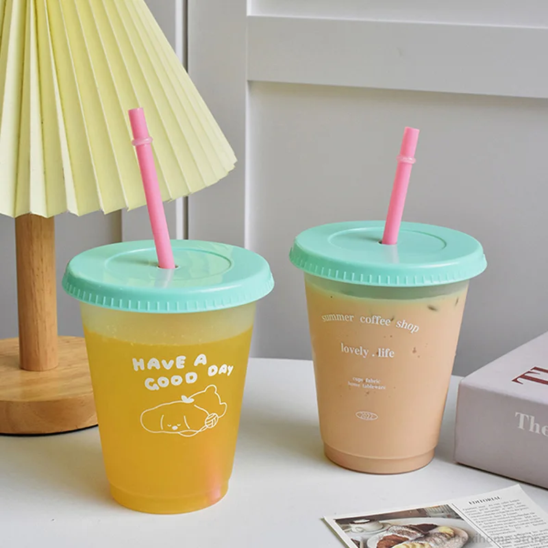 Cold Water Bottle Plastic Cute Kawaii Coffee Juice Milk Tea Cups with Lid  Straw 480/700ML Summer Transparent Portable Drinking