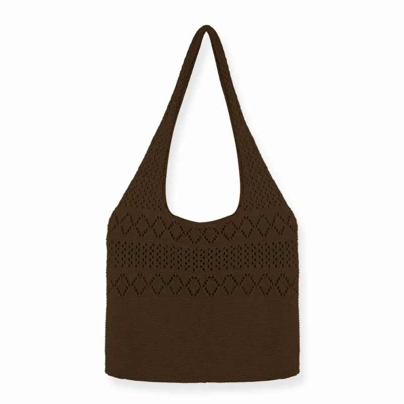 IMone Fashion Knitted Handbag for Women Korea Vintage Hook Flower Lightweight Shoulder Tote Bag Portable Woolen Women's Bag