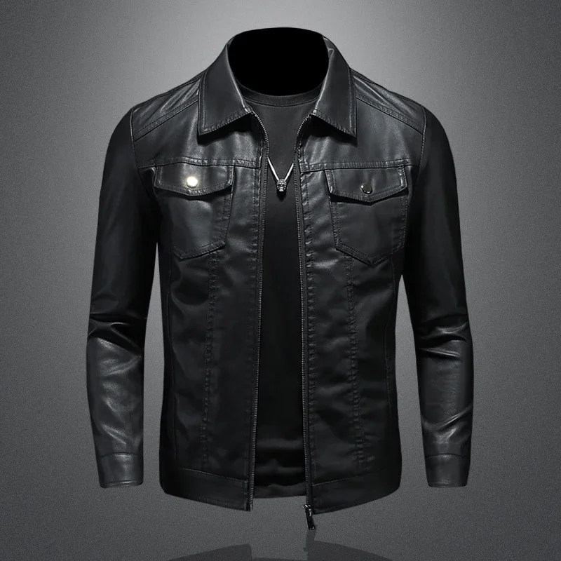 Men's Fashion Motorcycle Leather Jacket Slim Fit High Quality Lapel PU Leather Jacket New Multi Pocket Windproof Leather Jacket