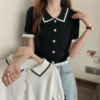 T-shirt court à boutons pour femmes, veste rayée patchwork, vêtements Y2K pour filles, pull coréen, chemise courte 3
