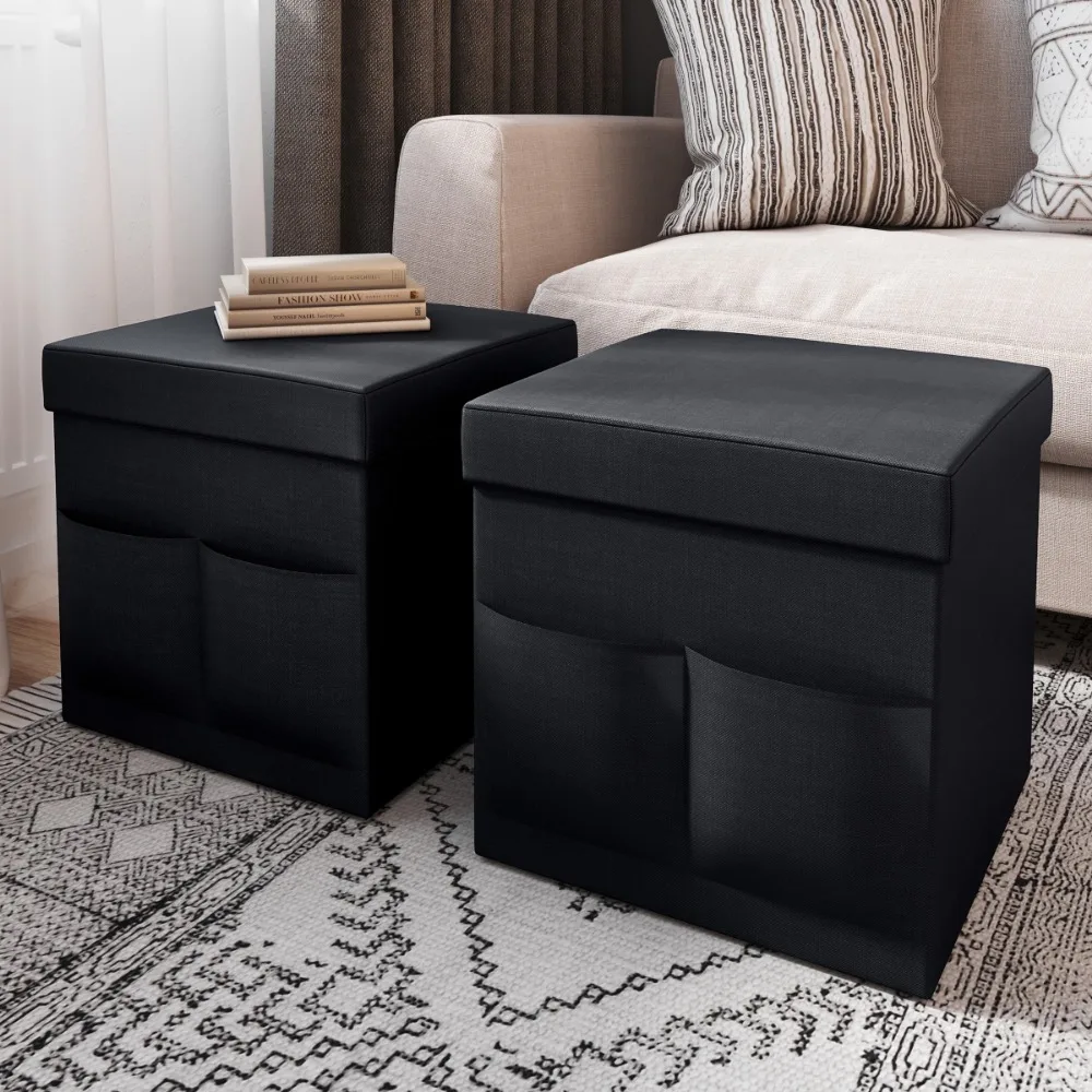 

Stools Foldable Ottoman Set of Two Storage Cubes 15-inch With Pockets Dining Room Chairs Black Stool Ottoman in the Bedroom Home