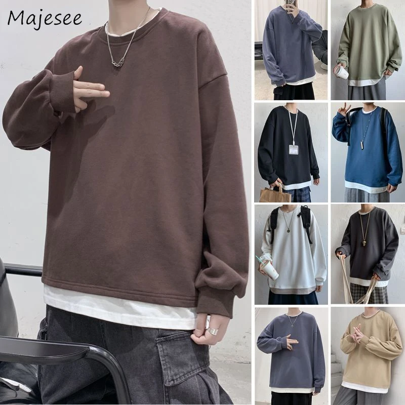 

Men No Hat Hoodies Patchwork Fake Two Pieces Simple New Ins Male All-match Chic Korean Style Ulzzang Streetwear Daily Students
