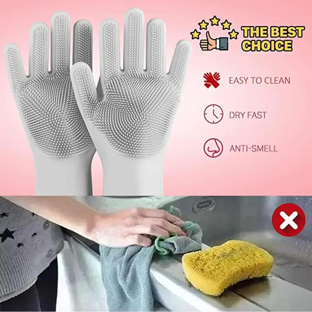 2Pcs Cleaning Gloves Silicone Rubber Dish Washing Glove Rubber Sponge Glove Household Scrubber Dishwashing Cleanner For Kitchen