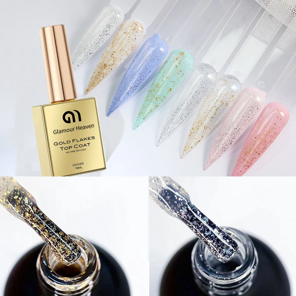 Gamour Heaven 15ml Gold Flakes Top Coat Christmas Sparkling No Wipe Glitter Top Coat Gel Nail Polish 3