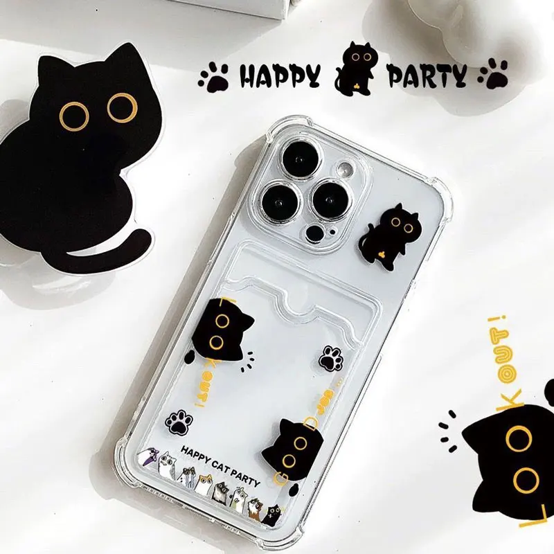 Charming Black Cat Design Shockproof Transparent Phone Case with Card Pocket