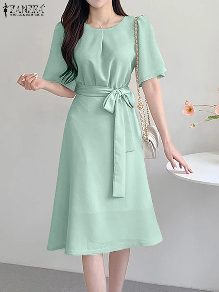 

ZANZEA Elegant Solid Summer Mid-Claf Dress Women Pleated Sundress Casual Short Sleeve Vestidos Belted Female O Neck Robe Femme