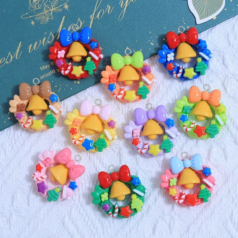 

10pcs Cartoon Hollow Colorful Christmas Wreath Resin Charms Star Christmas Tree Pendant for Earring Diy Jewelry Make