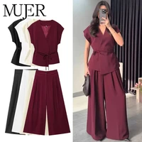 MUJER 2025 Wide Leg Pants Sets for Women 2 Pieces Sleeveless Vest Top Woman Pleated Casual Trousers Sets Two Piece Outfits Woman