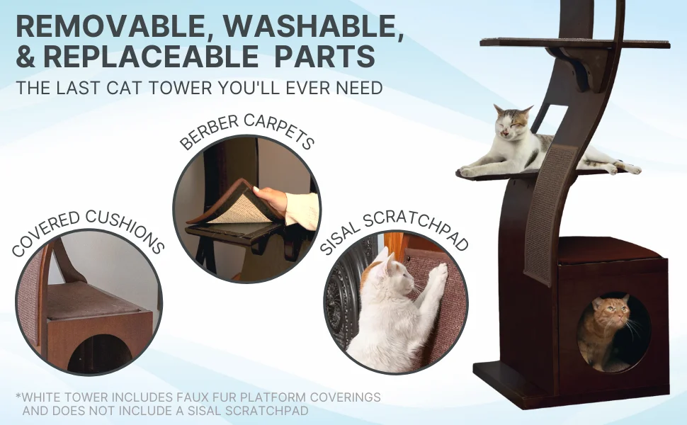 Modern cat tree with cubby and replaceable carpets tall multi-level