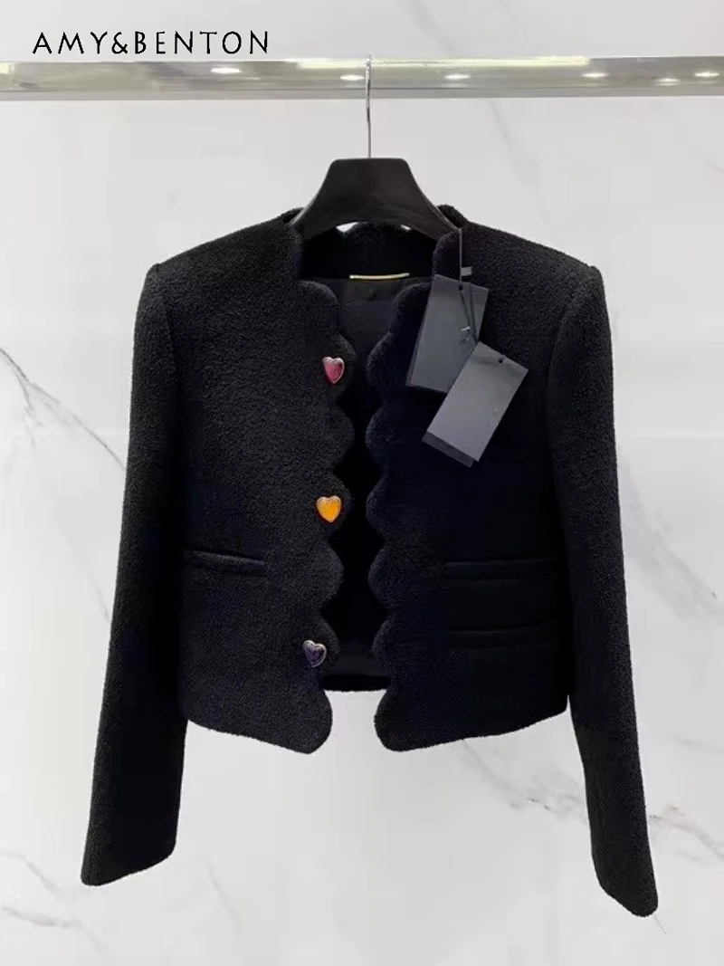 

2023 Spring Autumn Elegant New Candy Color Heart Buckle Short Coat Women's Petal Edges Long Sleeve Black Woolen Jacket