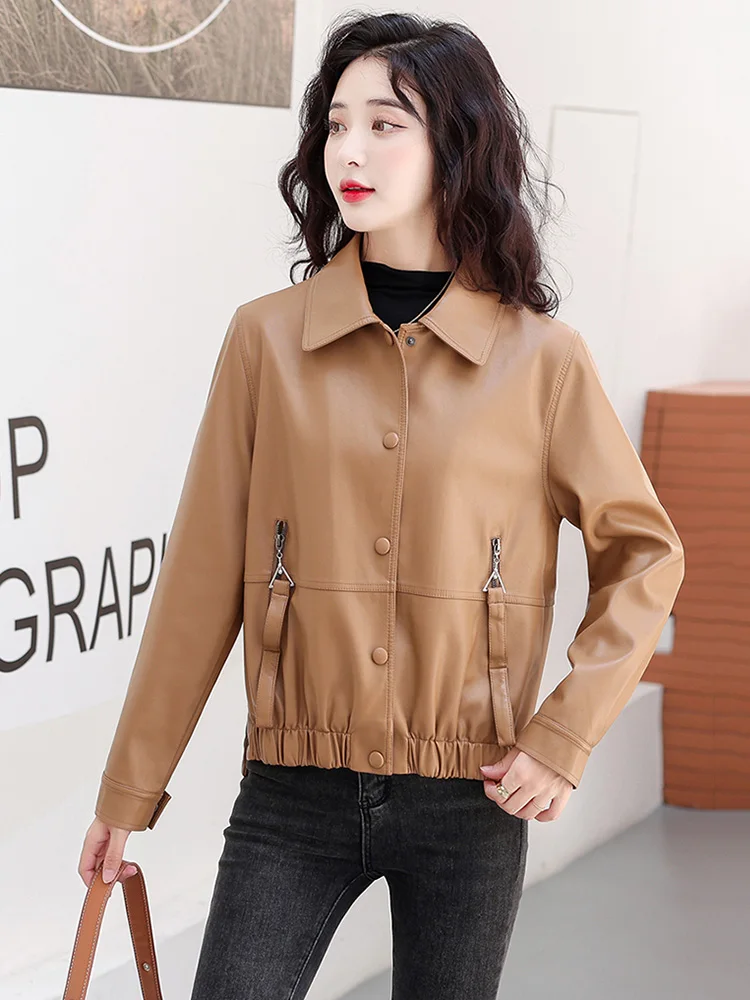 New Women Short Leather Coat Autumn Winter Casual Fashion Turn-down Collar Plus Cotton Liner Warm Slim Sheep Leather Jacket