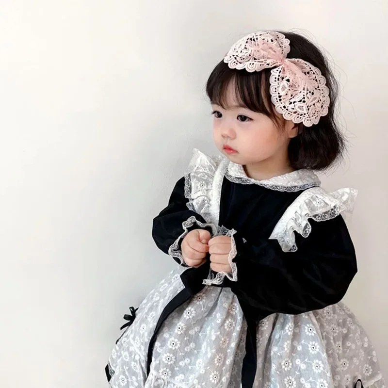 Cute Kawaii Big Bow Solid Color Scrunchie Hair Hoop for Baby Girls French Vintage Lace Tie Bands Lolita Headband Accessories