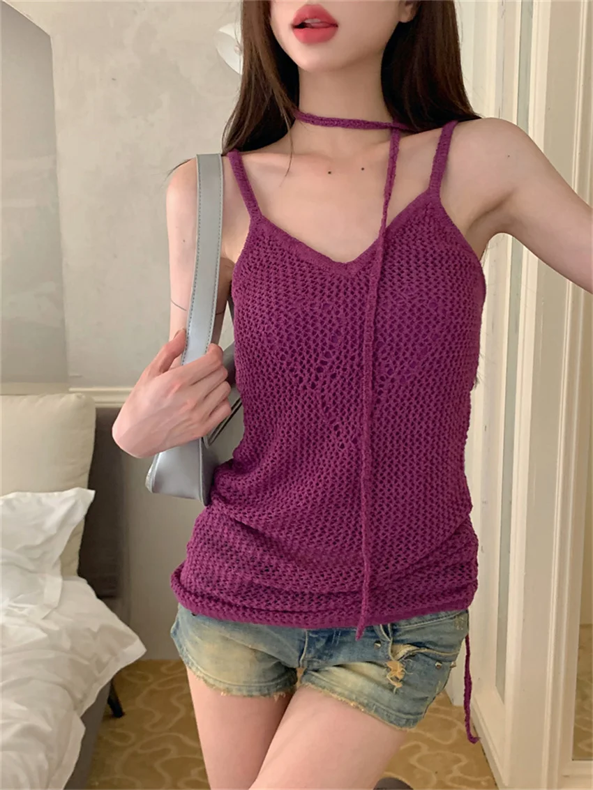 

PLAMTEE Purple Knitwear Hot Girls Tank Tops Slim Women Summer V-Neck 2023 Gentle Casual Party New High Street Chic Mujer Camis