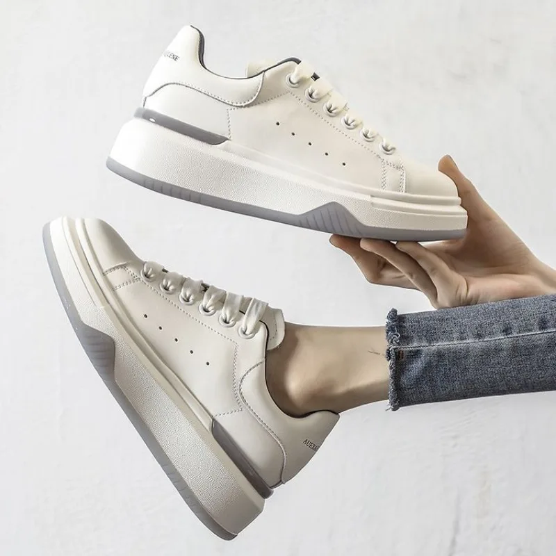 Split Leather White Shoes Women's Spring Thick-soled Heightened Casual Sneakers Popular Versatile Sneaker Zapatos De Mujer 3