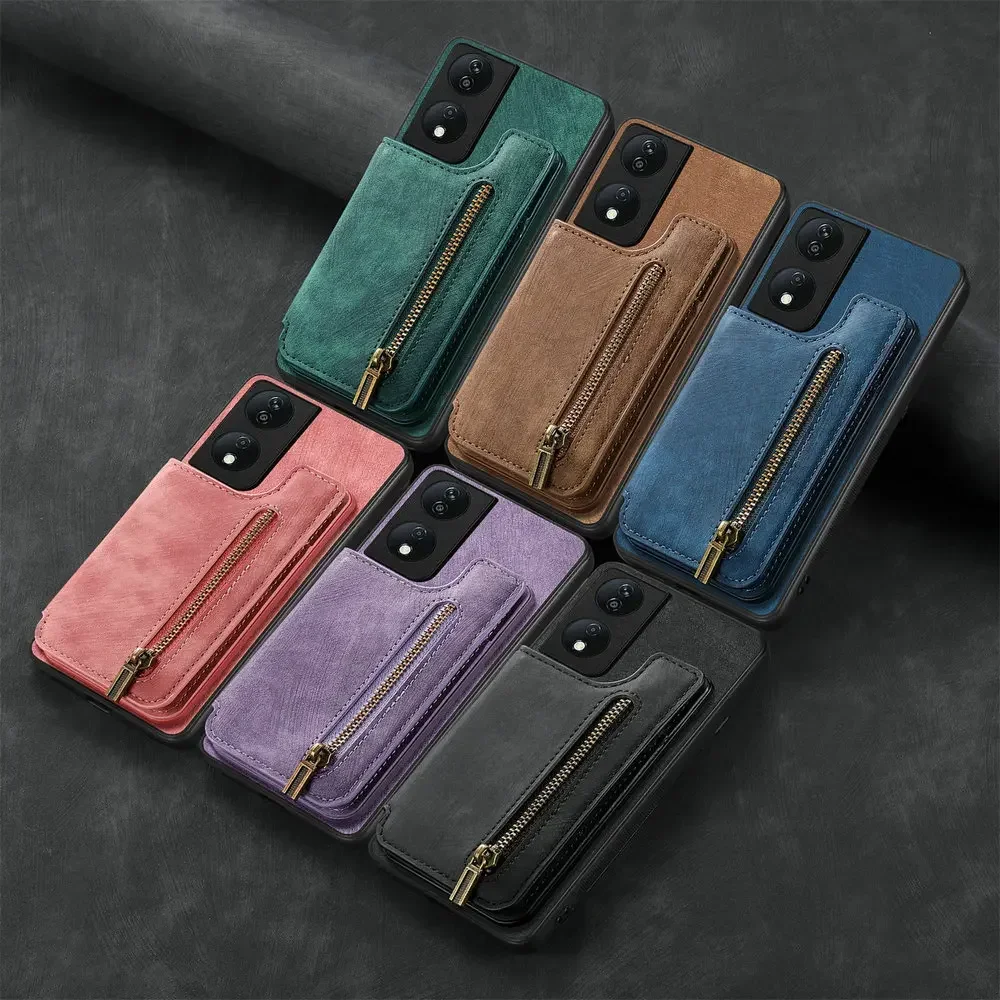 Leather Wallet Case with Zipper Card Pocket and Magnetic Armor Back Shell