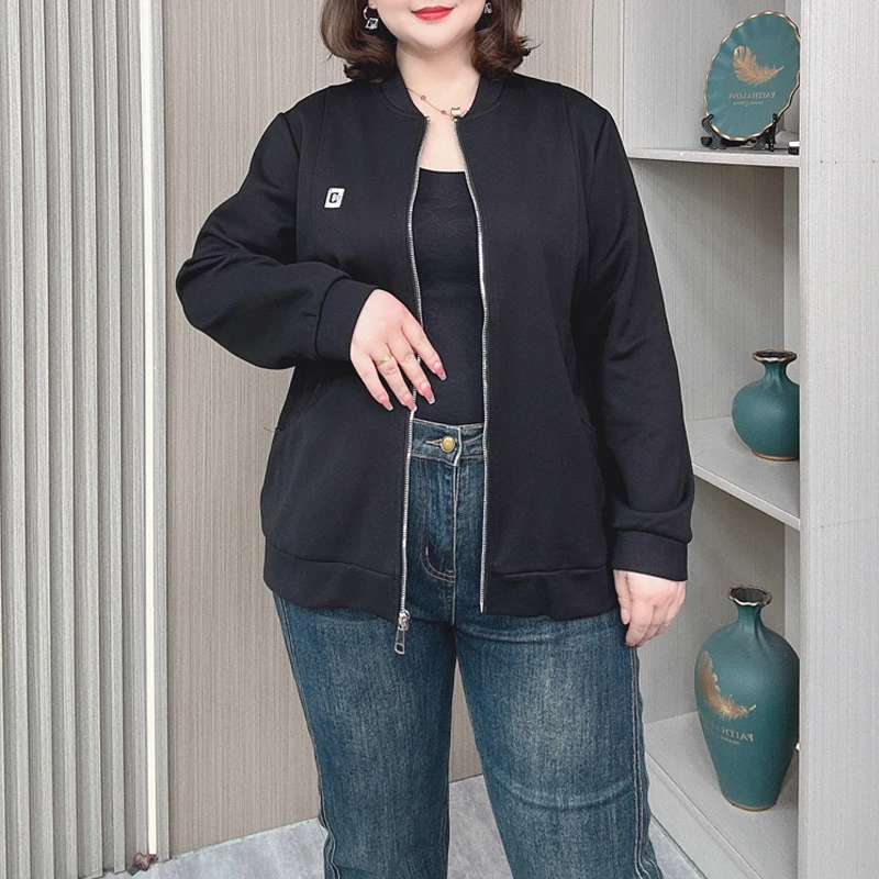Plus Size Baseball Jacket Women Spring/Autumn Long Sleeve Stand Collar Short Coat Female Loose Casual Zip-Up Hoodie 8988