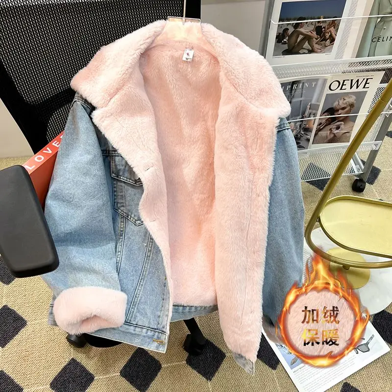

Women Thick Coat 2023 Winter Long Sleeve Polo Neck Loose Jacket with Pocket Denim Blue Warm Casual Outwear Tops