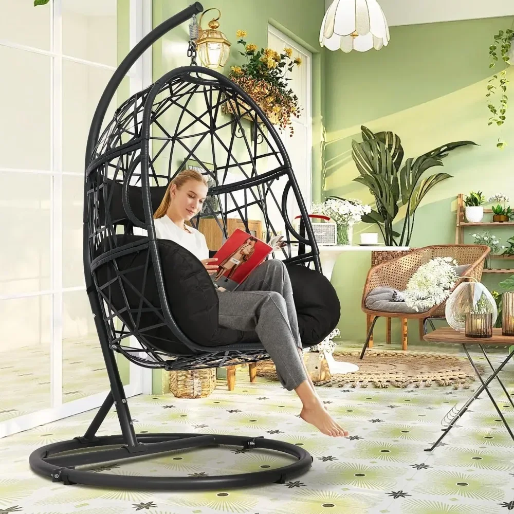 Hanging Swing Chair with Stand Outdoor Egg Chair Patio Wicker Hanging for Porch Hammock Chairs UV Proof Tufted