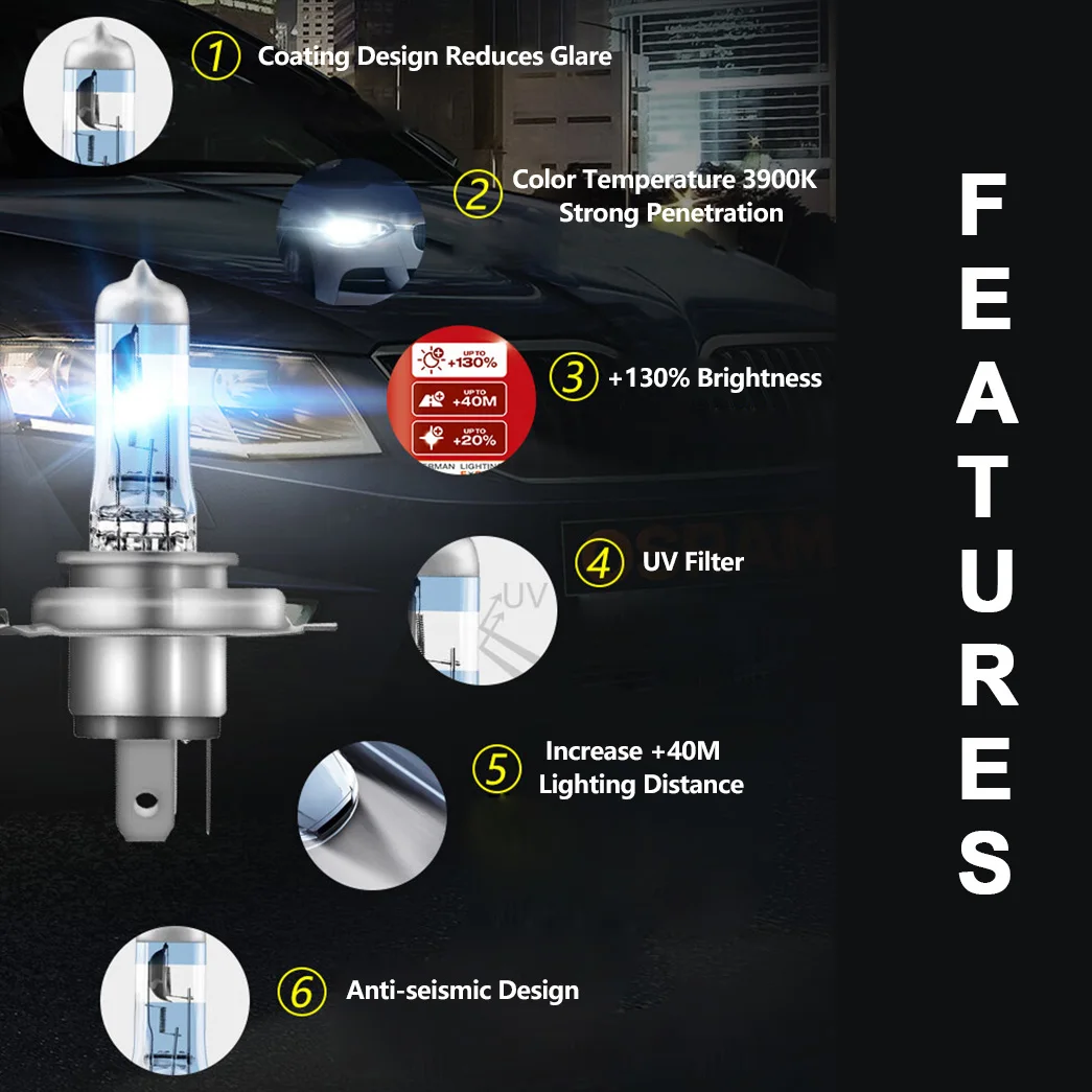 OSRAM H4 12V 60/55W NIGHT HYPER 9003 HB2 64193NH Car Upgrade Halogen Headlight +130% More Bright Original Quality Lamps P43t 2