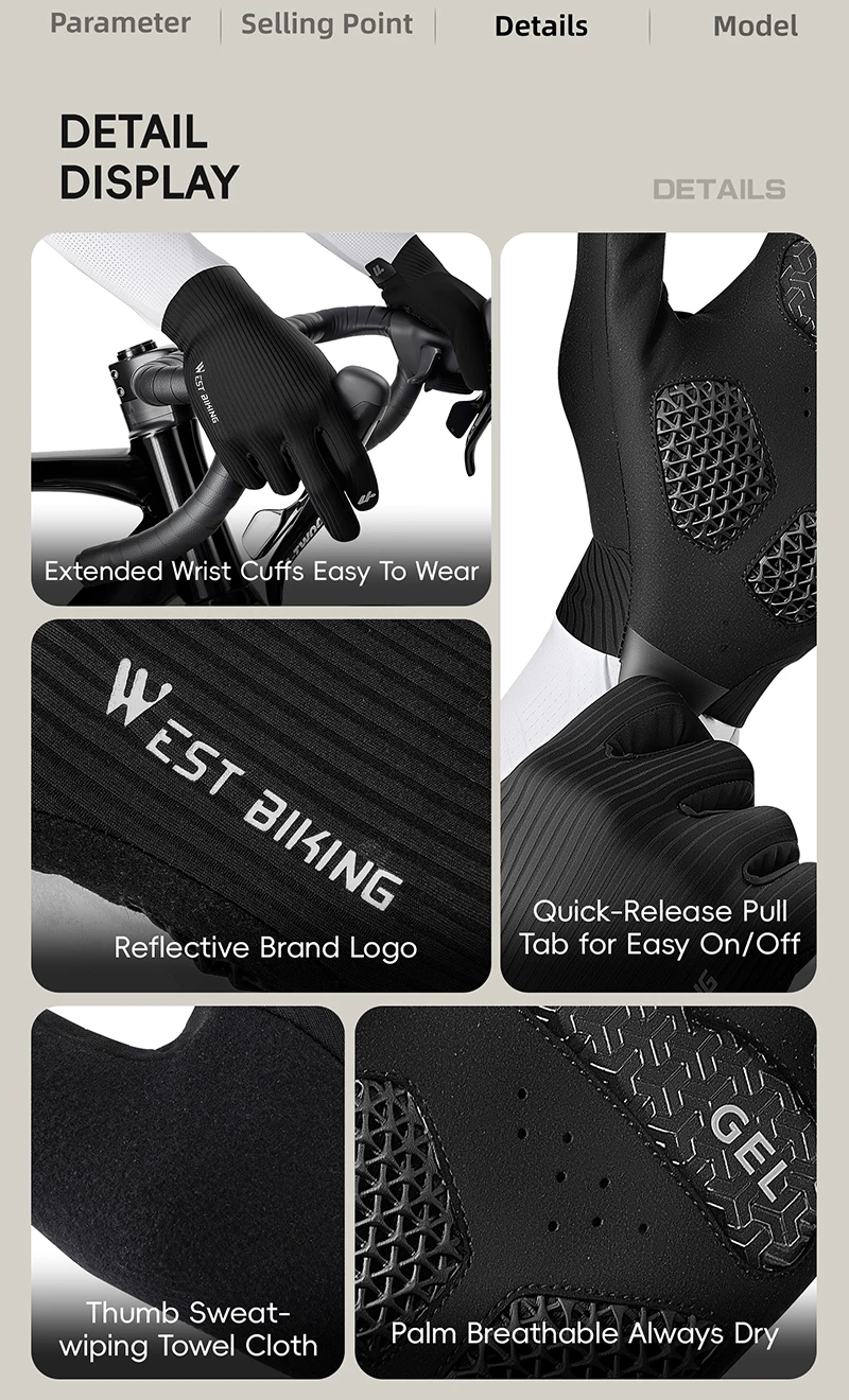 WEST BIKING Vollfinger-Fahrradhandschuhe 3D-Gedruckt Stoßdämpfende Gel-Polsterung Touchscreen-fähig Reflektierend Atmungsaktive Fahrradhandschuhe – Detail 11