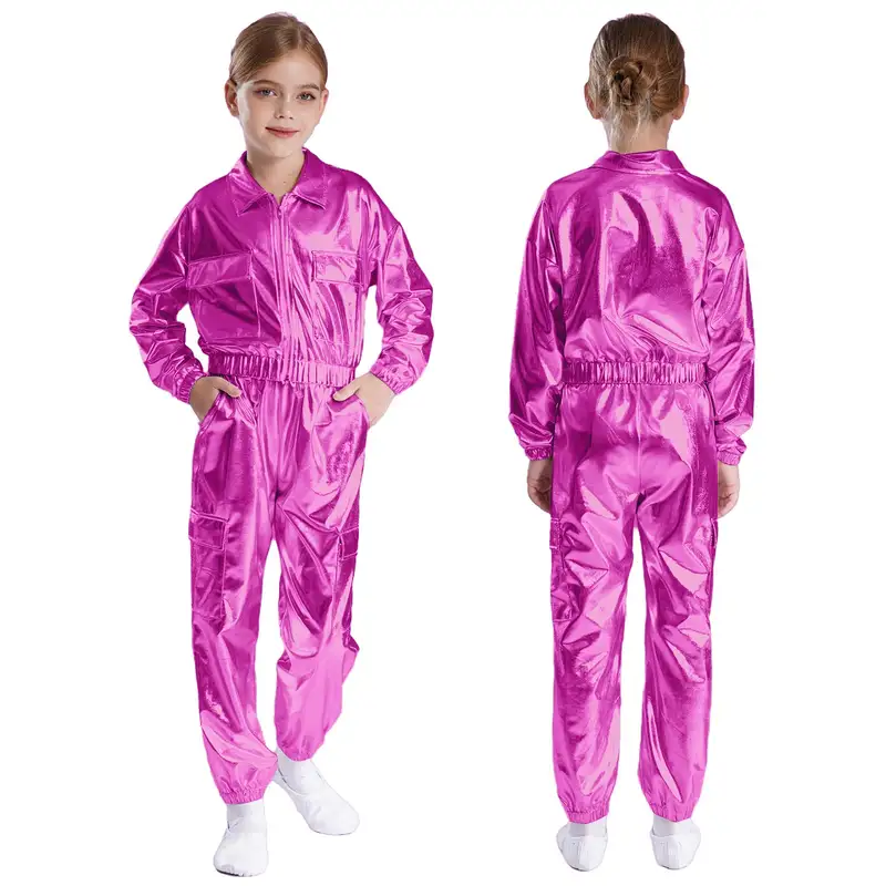 Kids Boys Girls Jazz Hip-Hop Street Dance Performance Costume Metallic Shiny Long Sleeve Athletic Jacket Coat with Pants Outfits - Image 9
