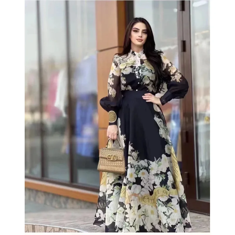 

Women's Silk Linen Floral Print Lantern Sleeve Shirt, Long Oversized Swing Skirt Suit, New Show Limited Suit, 2024，Women Dress