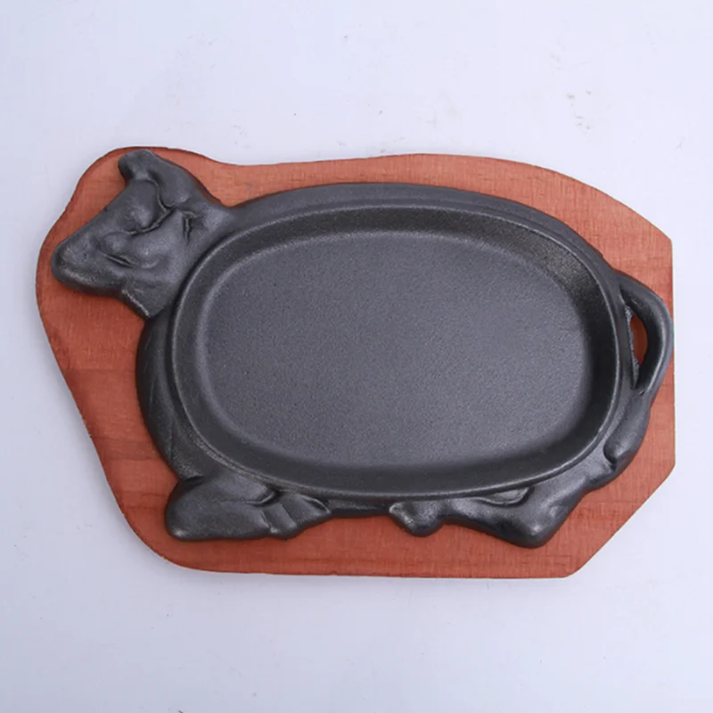 HotSaleCastIronSteakPlateSizzleGriddleWWoodenBaseSteakPan