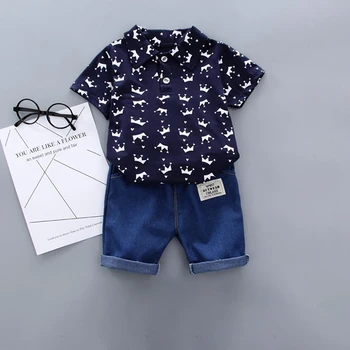 2Pcs Children Clothing for Boy 1-4Y Crown Print Shirt+Jeans Short Summer Cotton Soft Kids Set Toddler Casual Outing Fashion Suit 2
