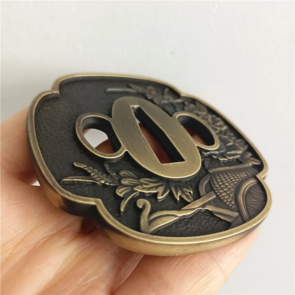 Japanese Katana Sword Guard (Tsuba) - Hand-Forged Alloy Samurai Tsuba 3.2, Authentic Iaido Accessory (Model 030-050, Black Aquatic Pattern)