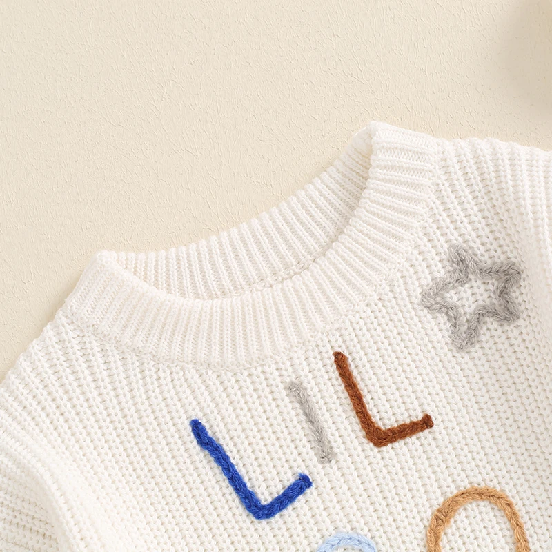 Little Boy Knit Sweater Letter Star Embroidery Crew Neck Long Sleeve Casual Pullover Tops for Fall