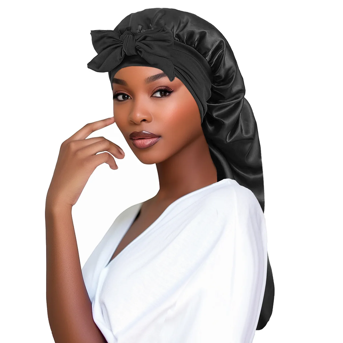 New Women Long Satin Bonnet Sleep Cap Silky Sleeping Cap with Wide Elastic Band Hair Care Curly Hair Natural for night hair cap