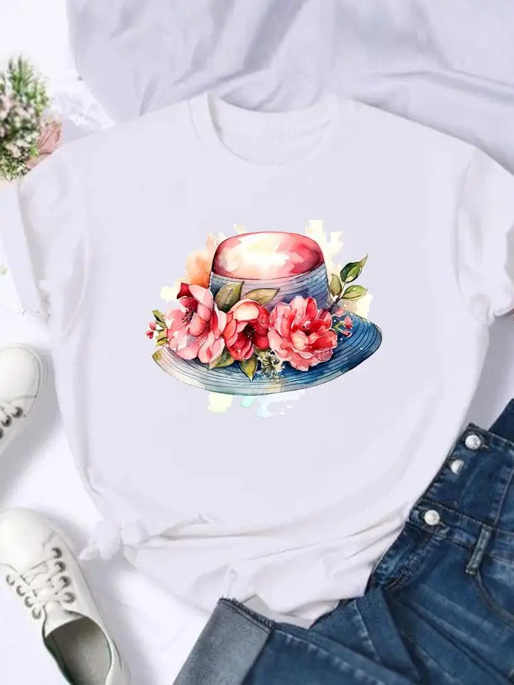 

Cartoon Shirt Graphic Tee Fashion Female Print T Top Watercolor Flower Sweet Summer Autumn Women Clothing Short Sleeve T-shirts
