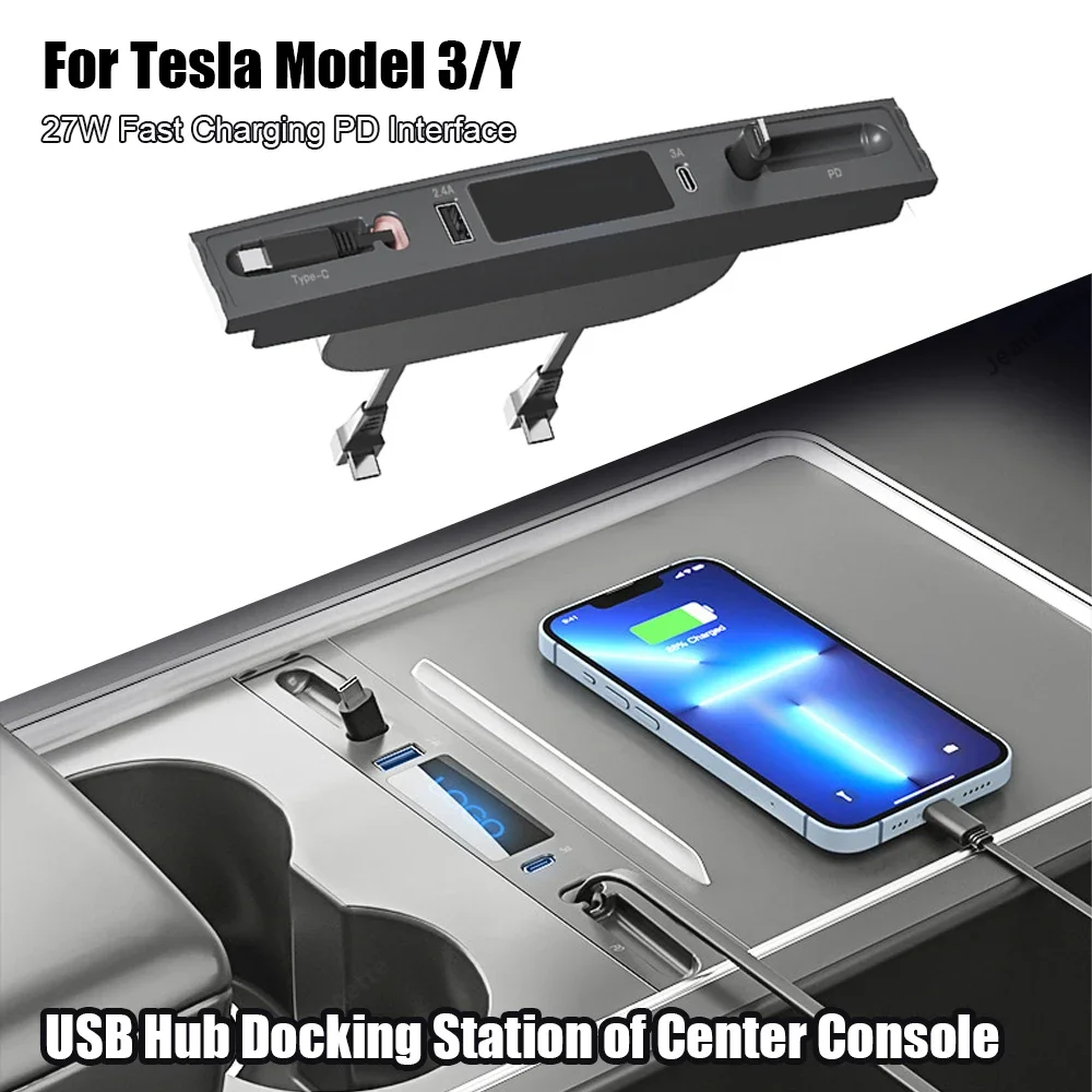 For Tesla Model 3 Y Docking Station 27W PD Type C Hub Quick Charger USB LED  Shunt Hub Extension Center Console Smart Sensor 2023