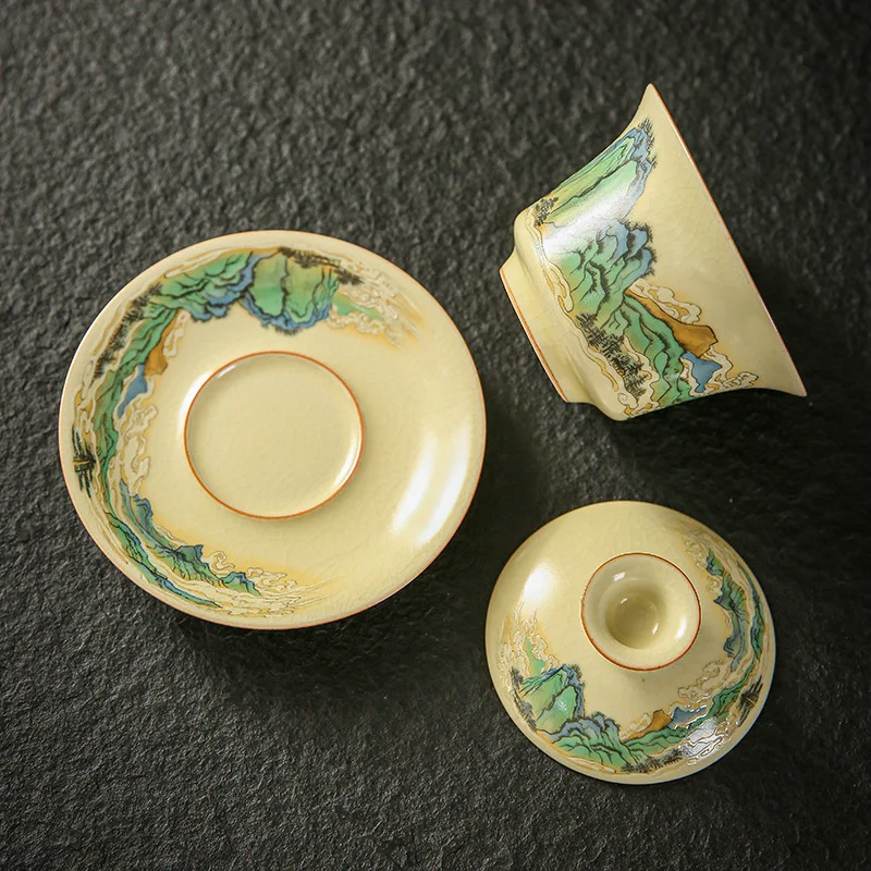 Handmade Retro Gracked Glaze Ceramic Tea Bowl, Large Beige Ru Ware Gaiwan, Kung Fu Tea Set, Making Device, 170ml